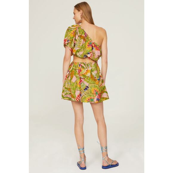 FARM Rio Macaw Leaves Cutout Mini Dress Size XS One Shoulder Tropical Linen - Picture 2 of 11
